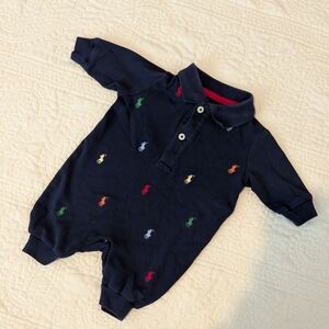 Polo by Ralph Lauren Navy One-Piece Romper with Multicolor Pony Embroidery